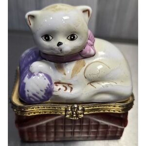Vintage Porcelain Trinket Box Cat On A Basket